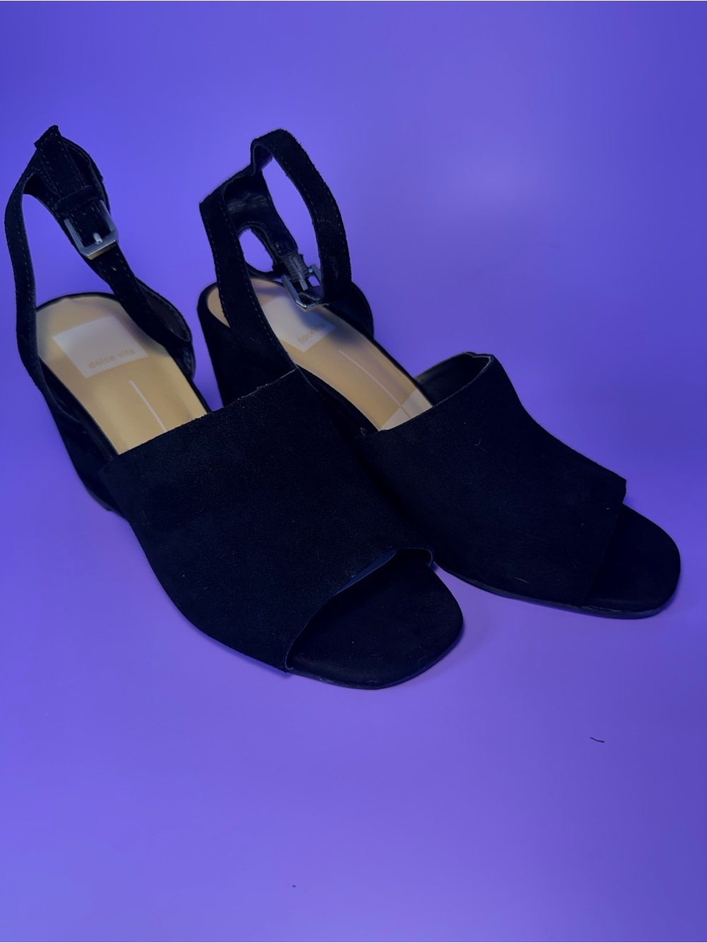 Dolce Vita Black Suede Peep-Toe Wedge Sandals with Ankle Strap - Picture 2 of 6